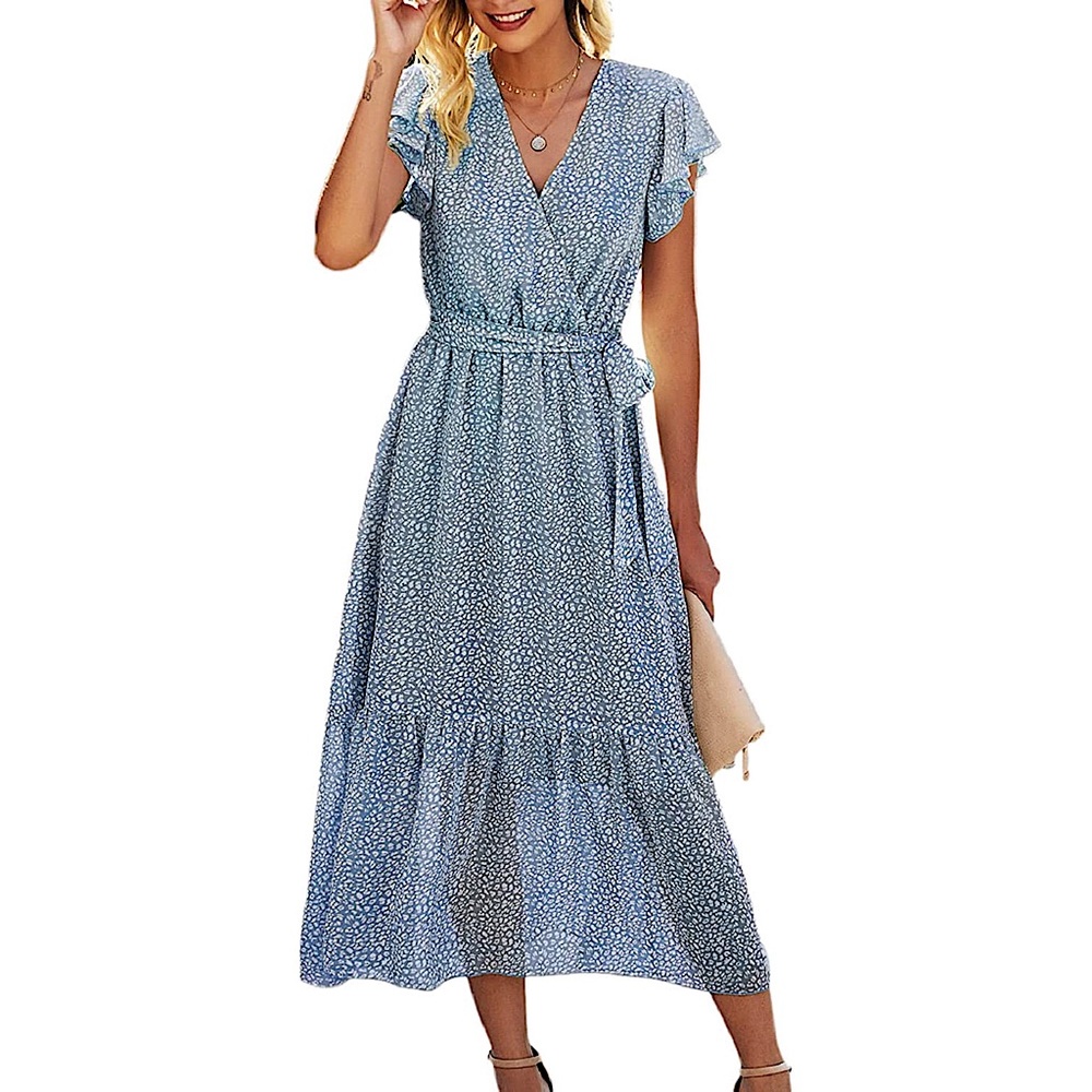 YACUN bohemian blue and white leopard print sleeveless flowy wrap midi dress NWT